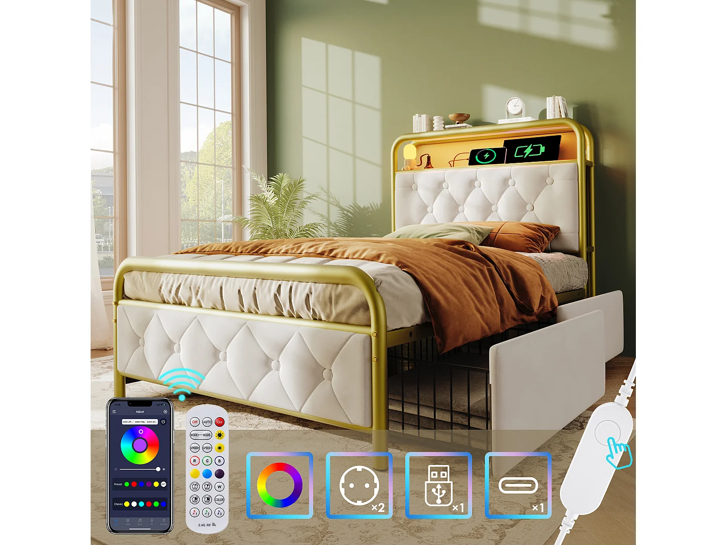 Cama 90x200cm com gavetas + LED + Portas de carregamento - estofada em veludo - com estrado de metal - Bege