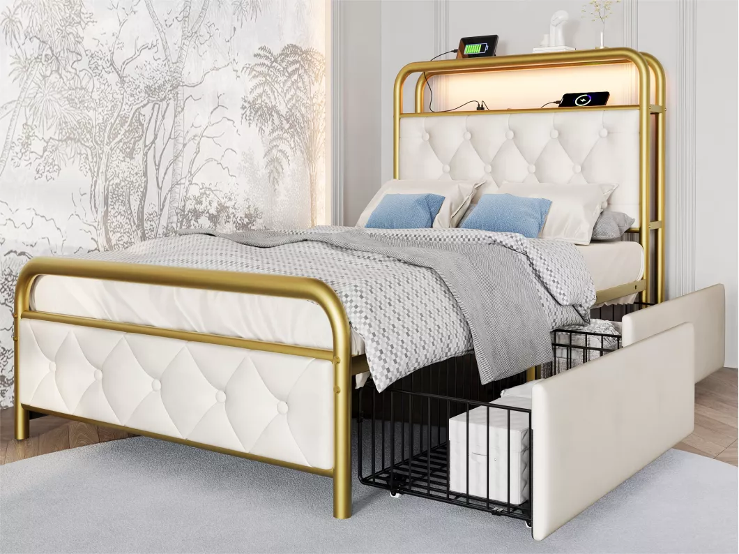 Kauf Unique Bett 90x200cm mit Schubladen + LED + Ladestationen - gepolstert in Samt - mit Metall-Lattenrost - Beige