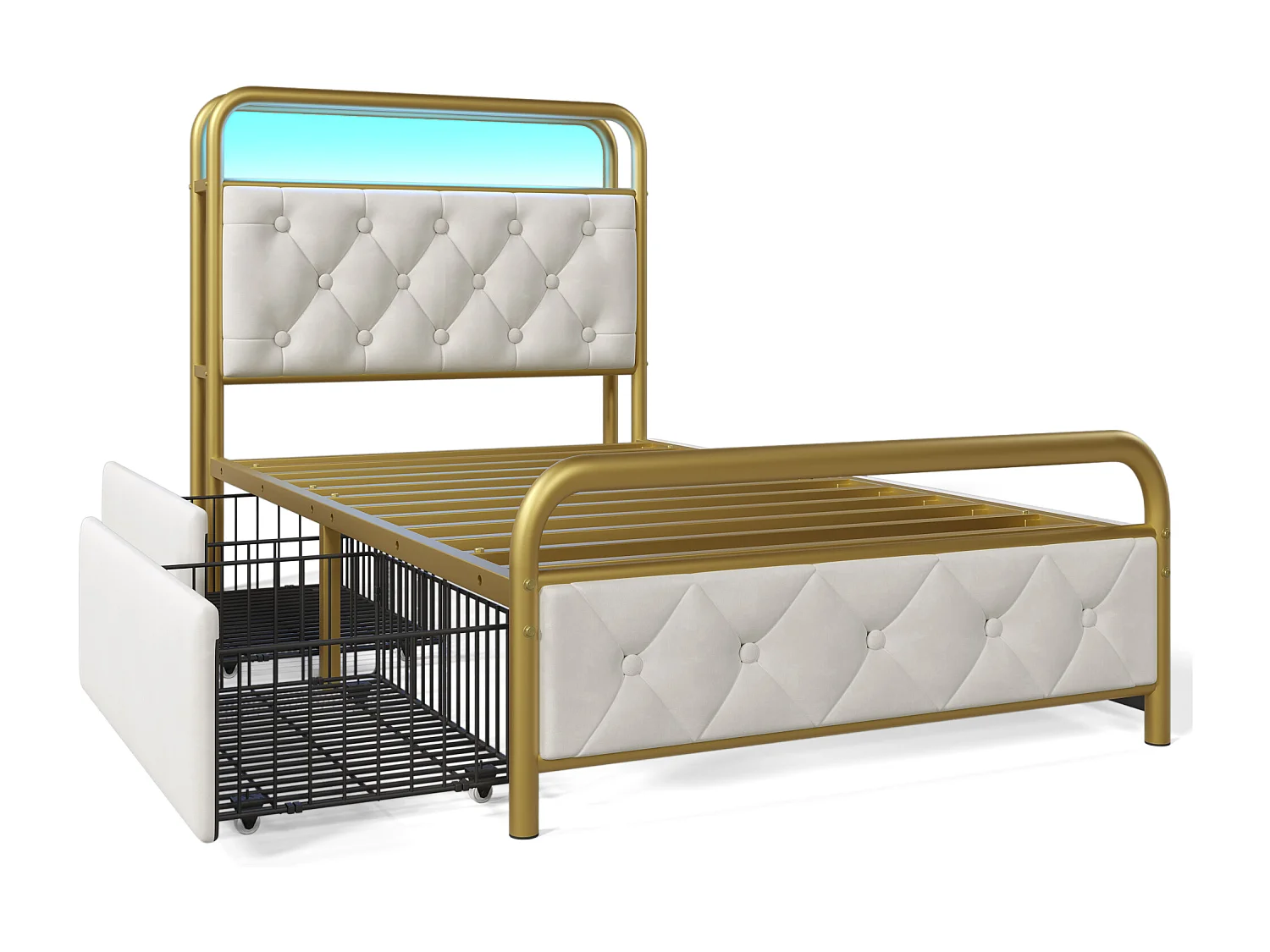 Lit 90x200cm avec tiroirs + LED + Ports de recharge - rembourré en velours - avec sommier en métal - Beige