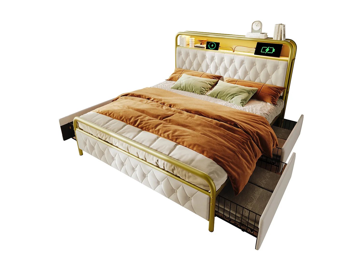 Bett 160x200cm Beige mit Schubladen, LED, Ladeanschlüssen und Integriertem Ladegerät in Gepolstertem Samt