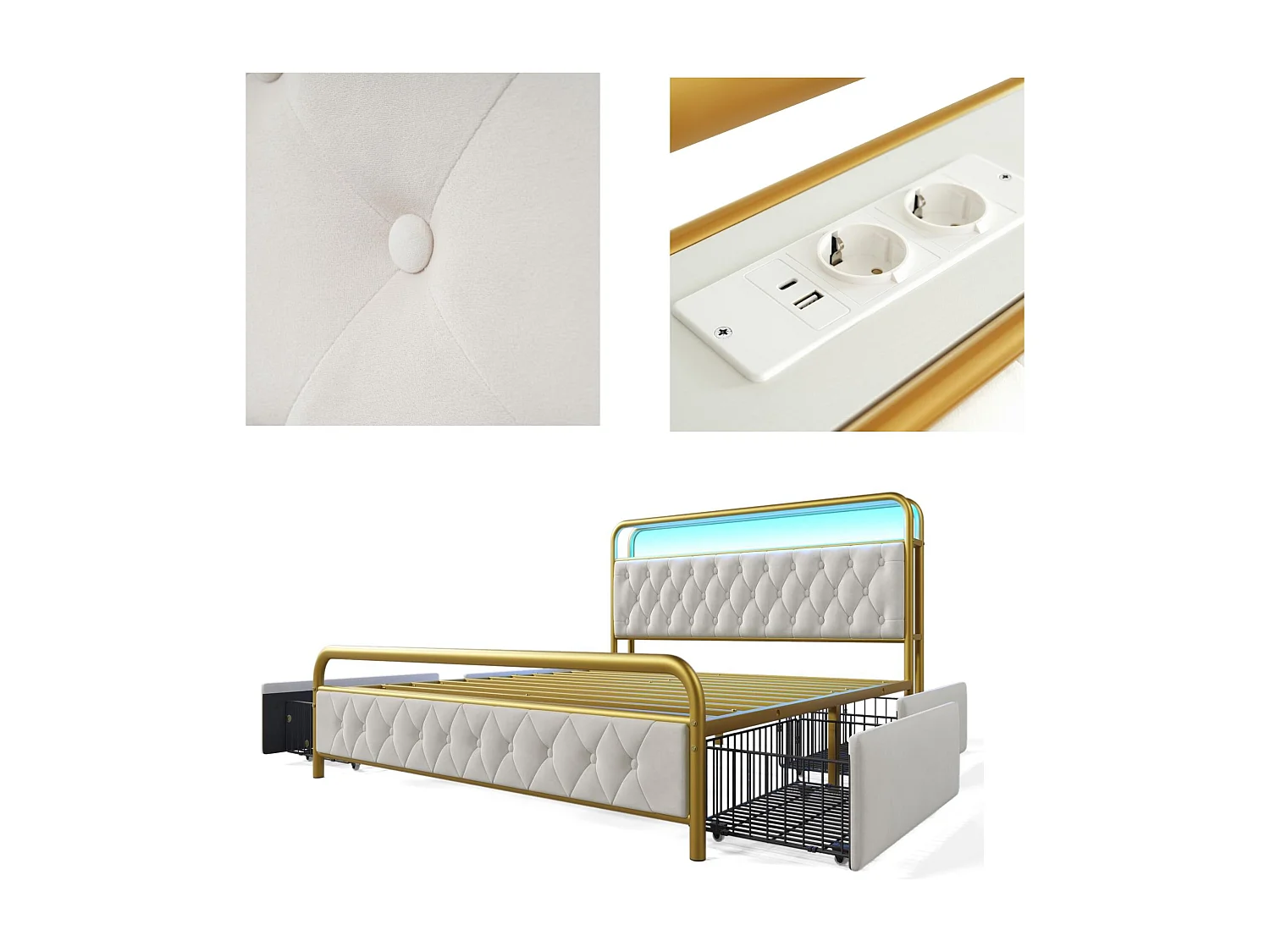 Bett 160x200cm Beige mit Schubladen, LED, Ladeanschlüssen und Integriertem Ladegerät in Gepolstertem Samt