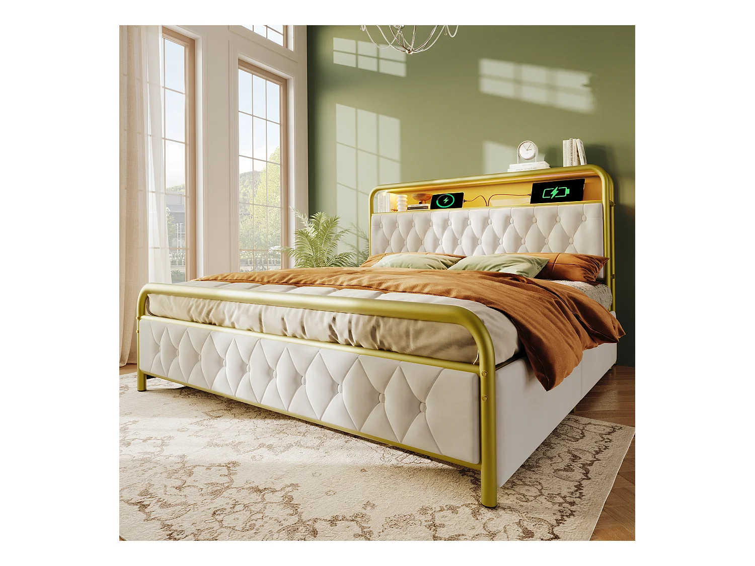Lit 160x200cm Beige avec Tiroirs, LED, Ports de Recharge et Chargeur Intégré en Velours Rembourré