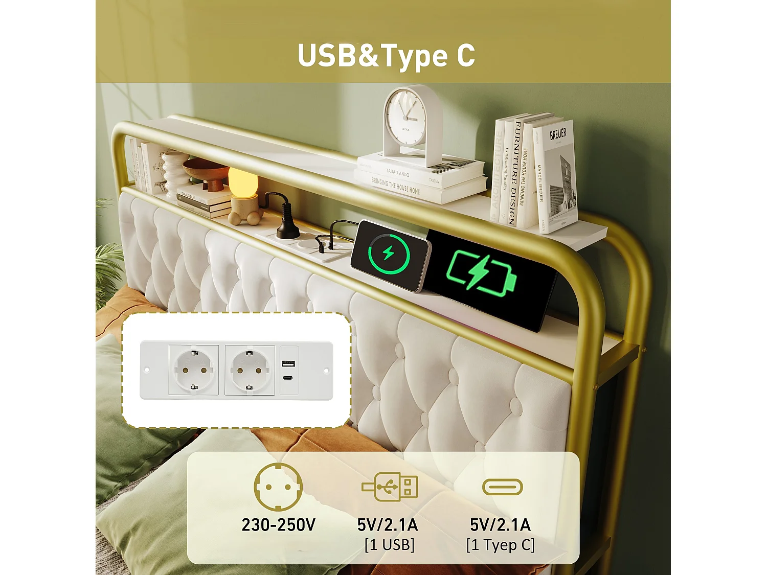 Lit 160x200cm Beige avec Tiroirs, LED, Ports de Recharge et Chargeur Intégré en Velours Rembourré