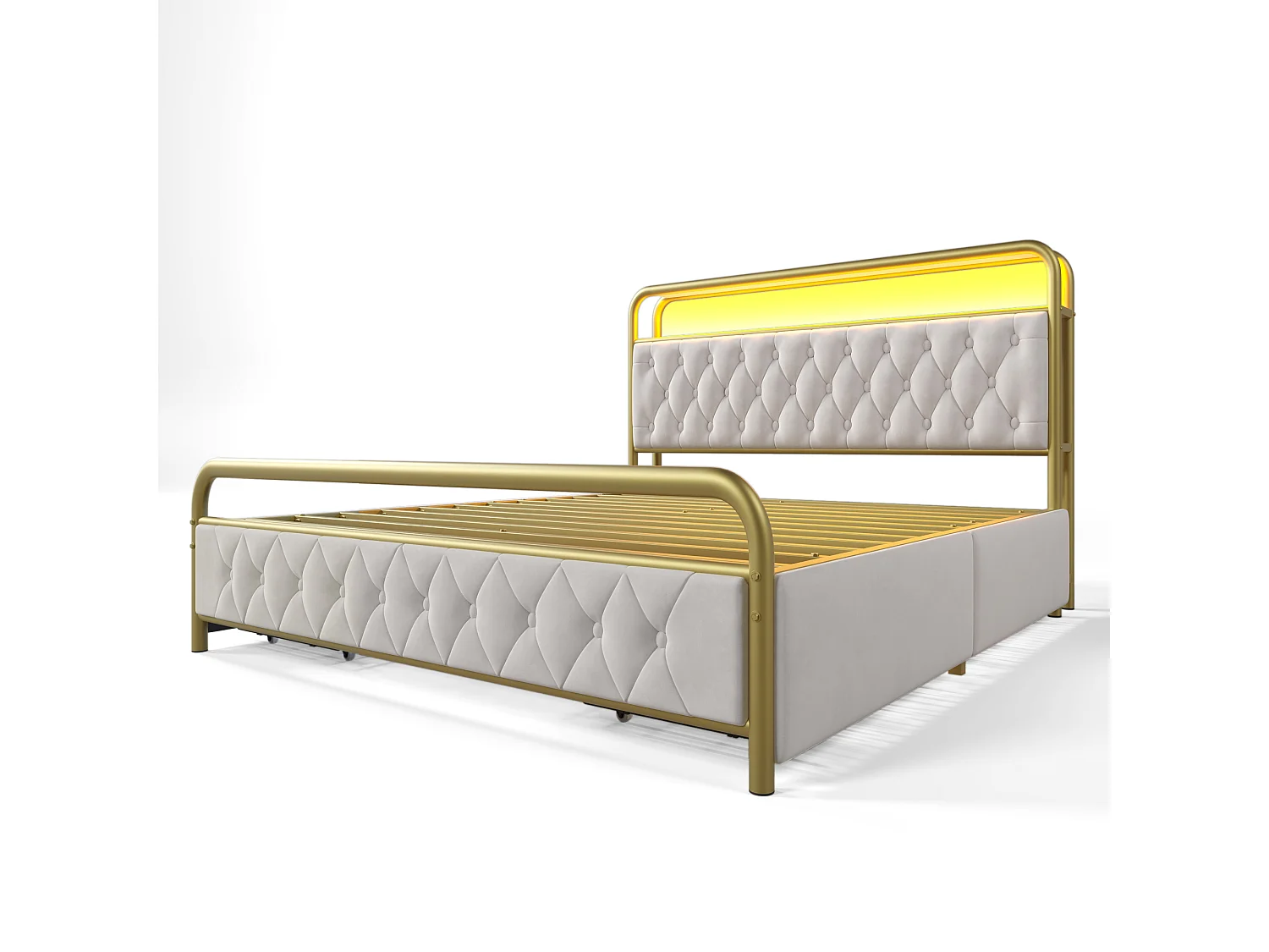 Lit 160x200cm Beige avec Tiroirs, LED, Ports de Recharge et Chargeur Intégré en Velours Rembourré