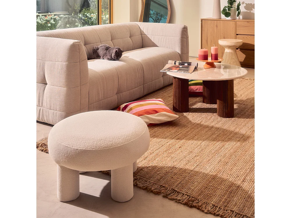 Bloomi - Tabouret rond XL en tissu bouclette ø60cm - Crème