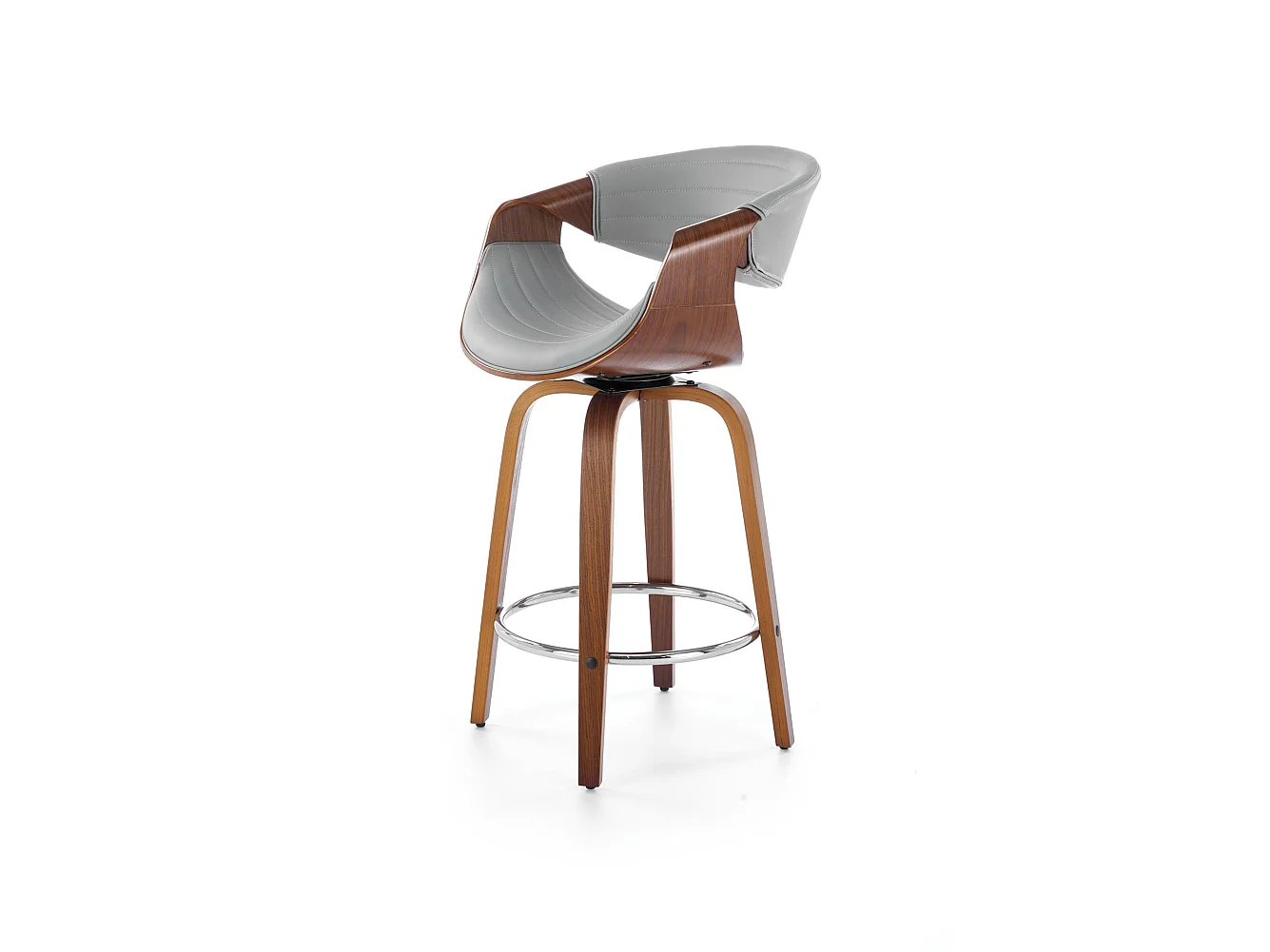 Sedia da bar di design con impiallacciatura in noce ed ecopelle grigio Aster