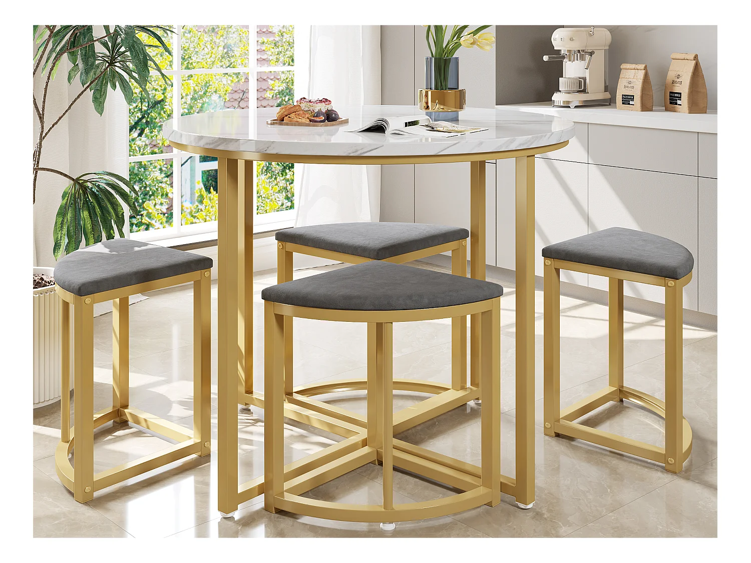 Table à manger et 4 chaises - plateau en MDF、cadre en fer plaqué or et coussins en velours gris - Blanc & Doré