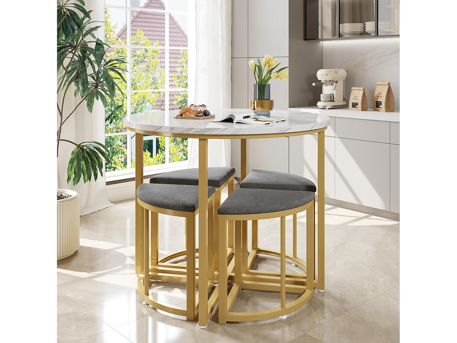 Mesa de comedor y 4 sillas - Tapa de MDF, estructura de hierro dorado y cojines de terciopelo gris - Blanco y Dorado