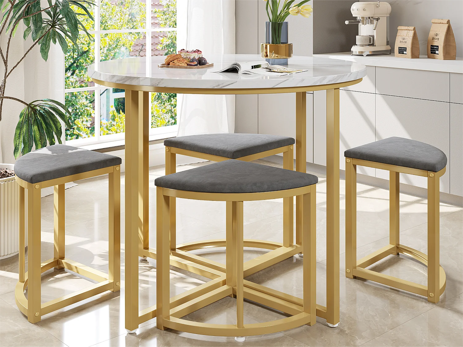 Tavolo da pranzo e 4 sedie - Piano in MDF, struttura in ferro placcato oro e cuscini in velluto grigio - Bianco e oro