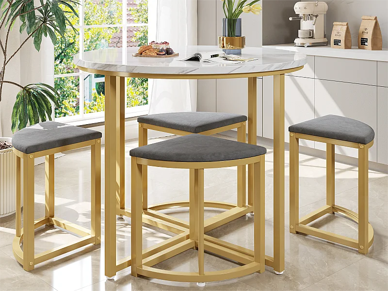 Tavolo da pranzo e 4 sedie - Piano in MDF, struttura in ferro placcato oro e cuscini in velluto grigio - Bianco e oro