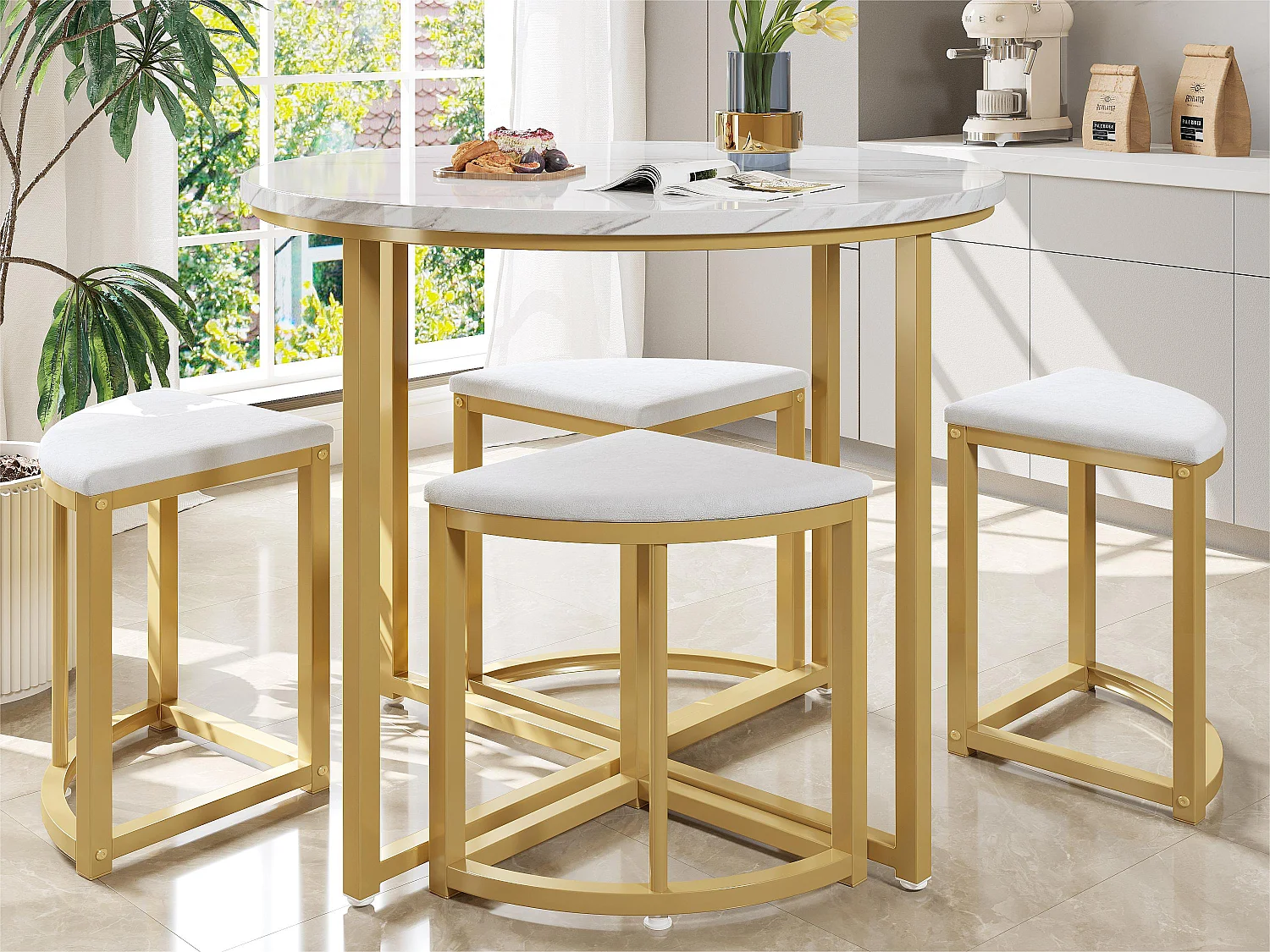 Table à manger et 4 chaises - plateau en MDF、cadre en fer plaqué or et coussins en velours blanc - Blanc & Doré