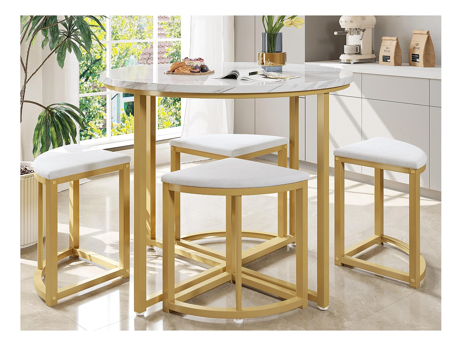 Table à manger et 4 chaises - plateau en MDF、cadre en fer plaqué or et coussins en velours blanc - Blanc & Doré
