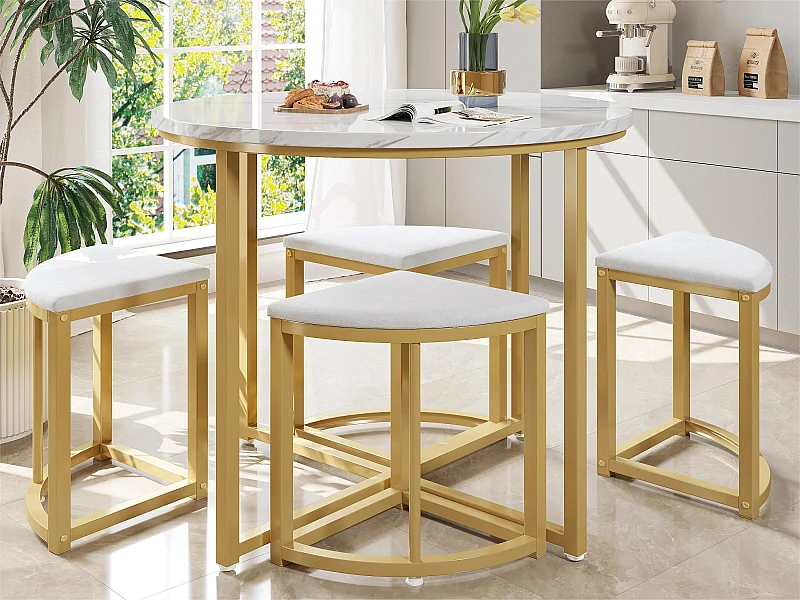 Table à manger et 4 chaises - plateau en MDF、cadre en fer plaqué or et coussins en velours blanc - Blanc & Doré