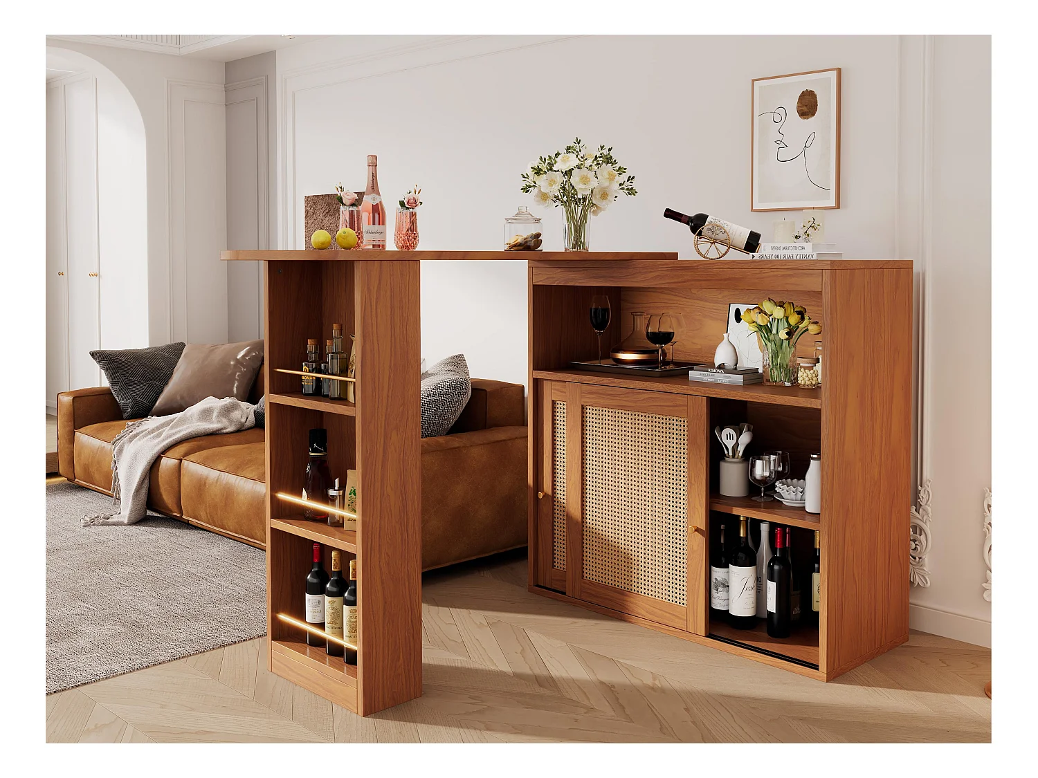 Buffet、Drehbare und ausziehbare Barmöbel – mit verstellbaren Regalen – Vintage-Charme – Braun