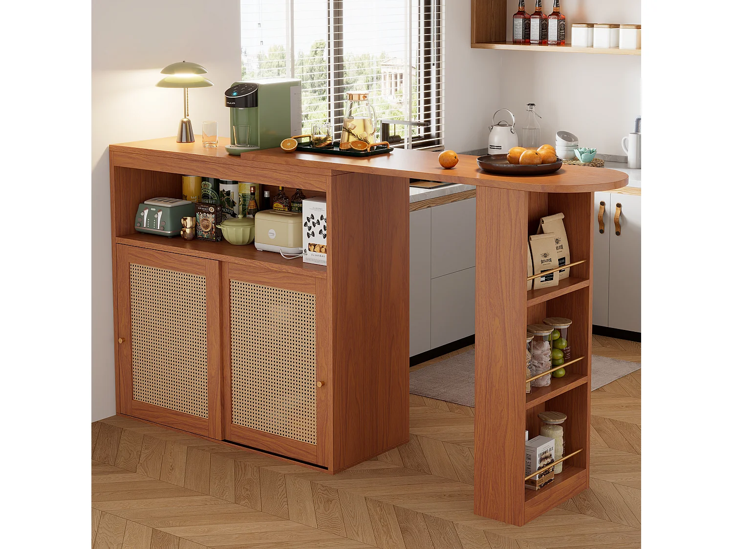 Buffet、Mobile bar girevole e retrattile - con ripiani regolabili - fascino vintage - Marrone