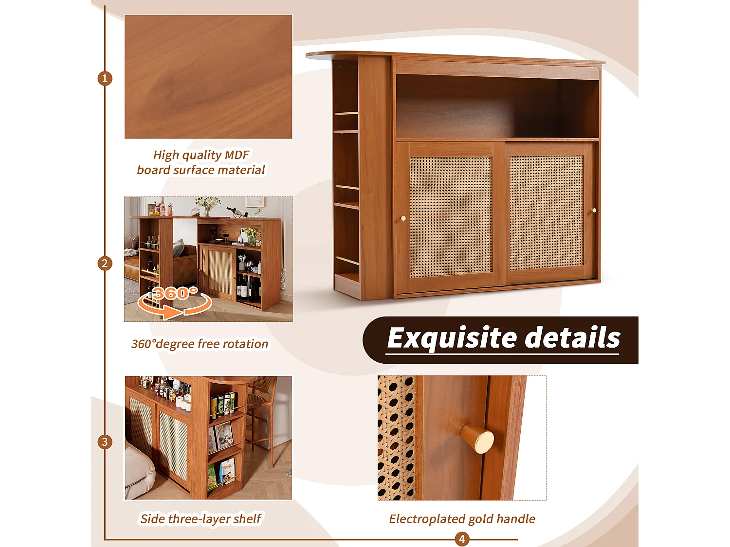 Buffet、Mobile bar girevole e retrattile - con ripiani regolabili - fascino vintage - Marrone