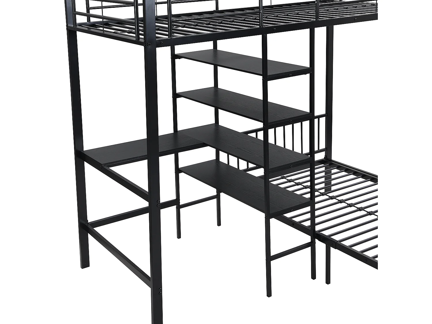 Lit superposé 90x200cm en fer - avec bureau et étagères - Noir