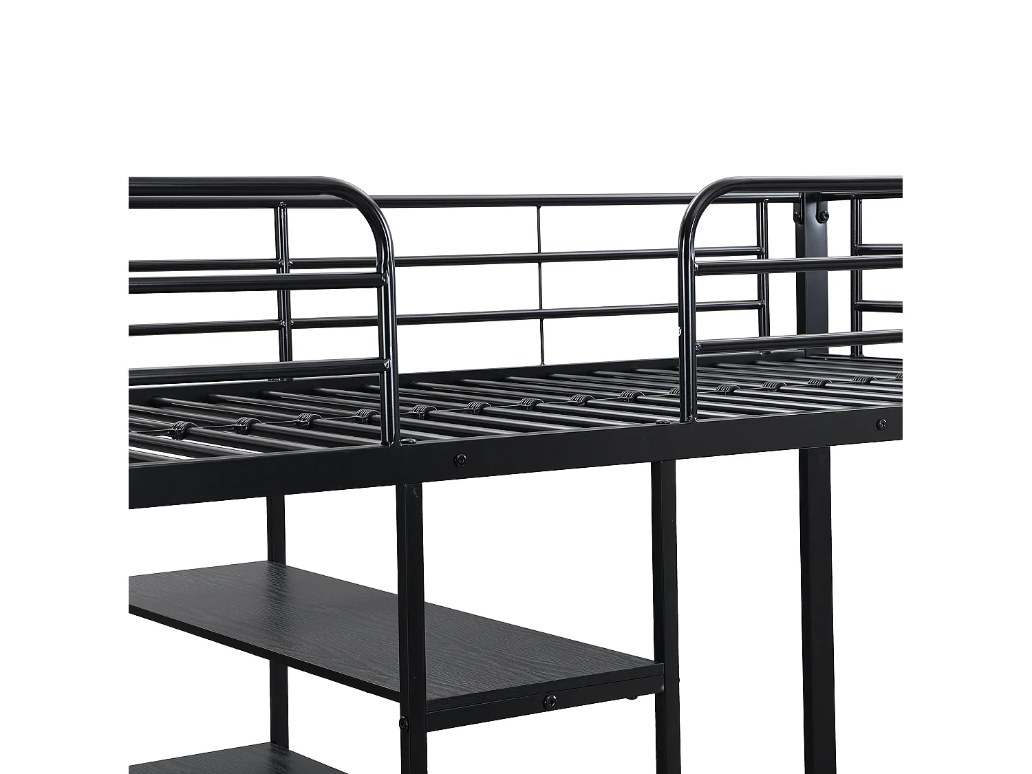 Lit superposé 90x200cm en fer - avec bureau et étagères - Noir