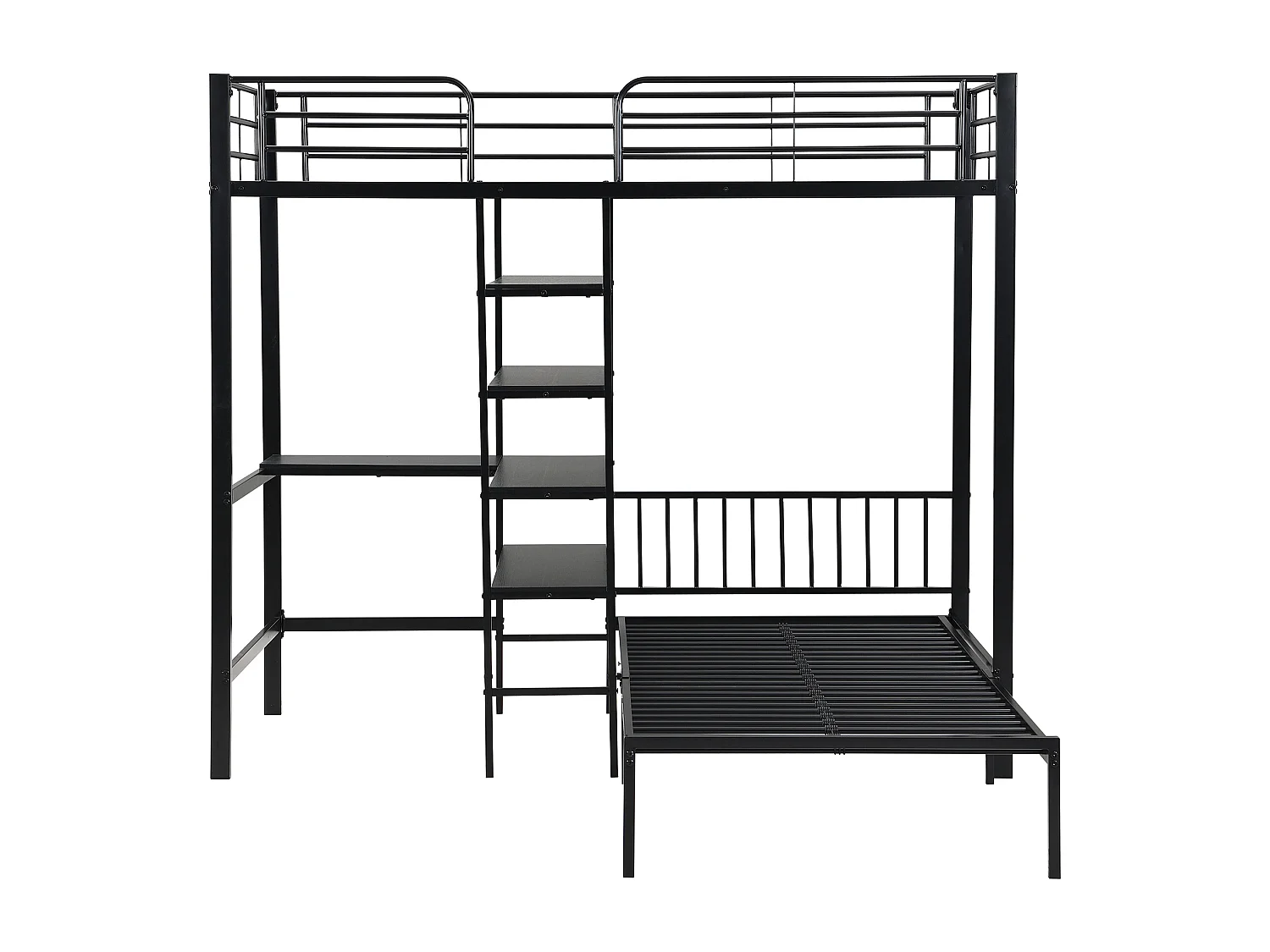 Lit superposé 90x200cm en fer - avec bureau et étagères - Noir