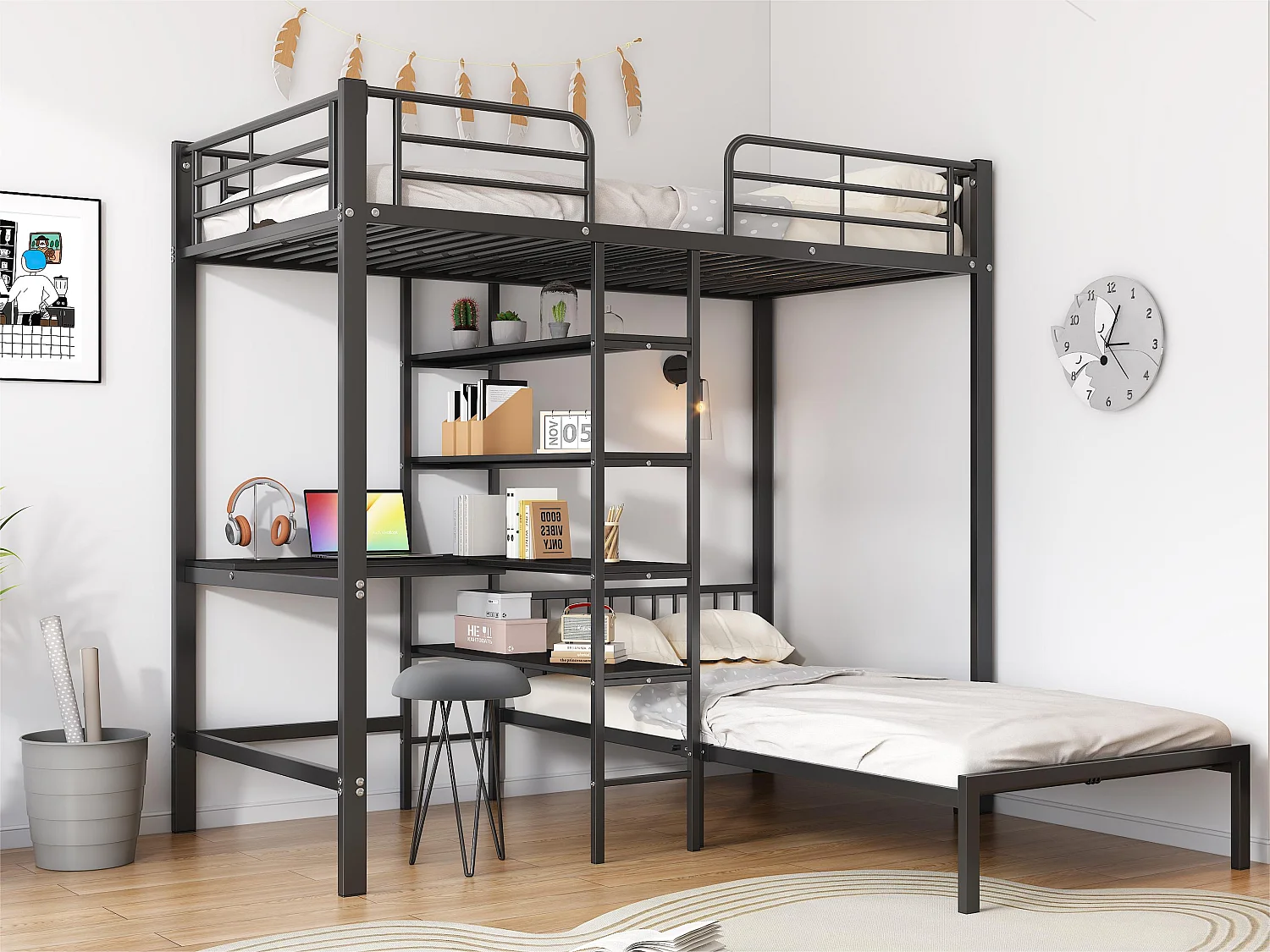 IJzeren stapelbed 90x200cm - met bureau en planken - Zwart