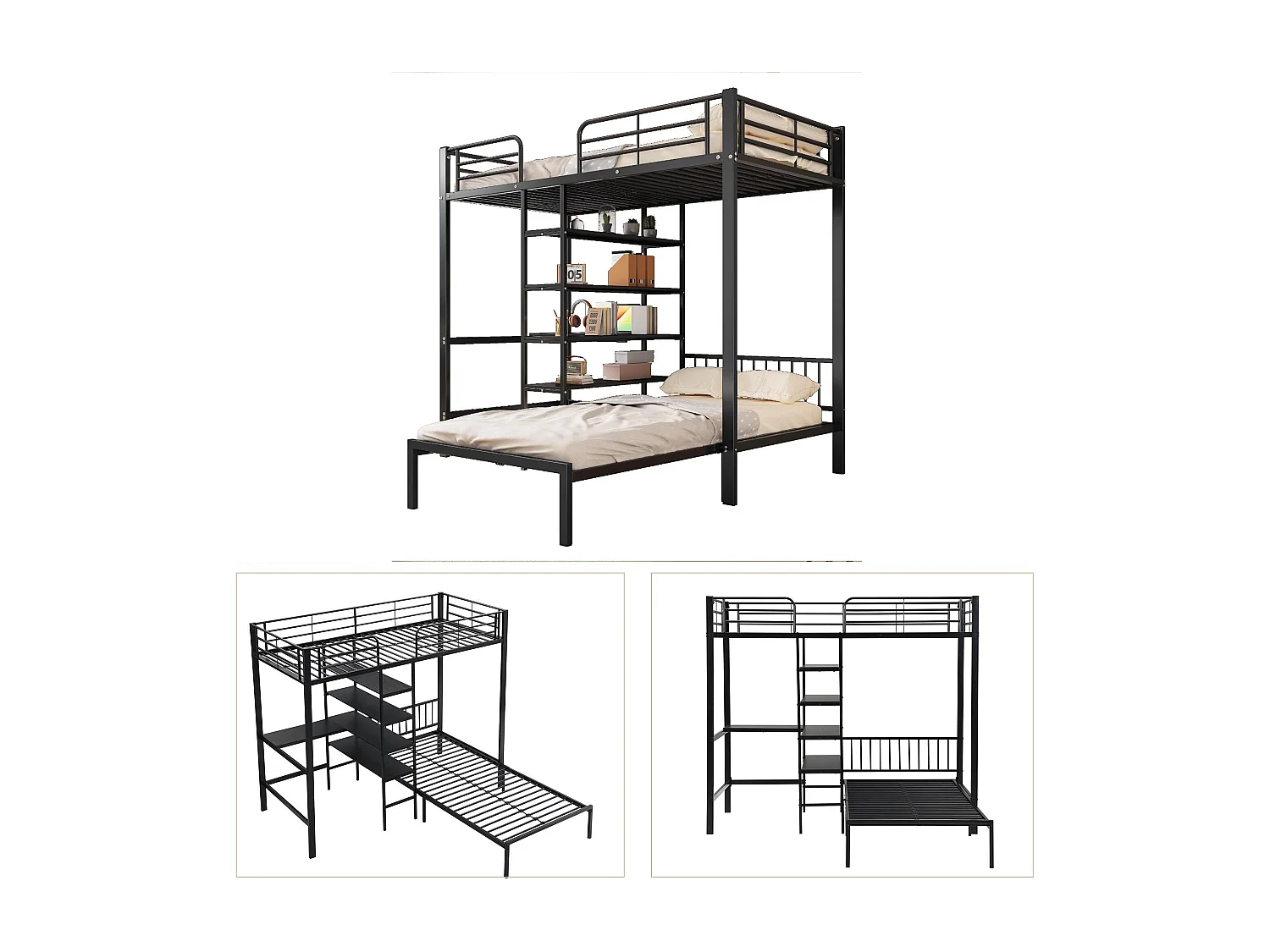 IJzeren stapelbed 90x200cm - met bureau en planken - Zwart