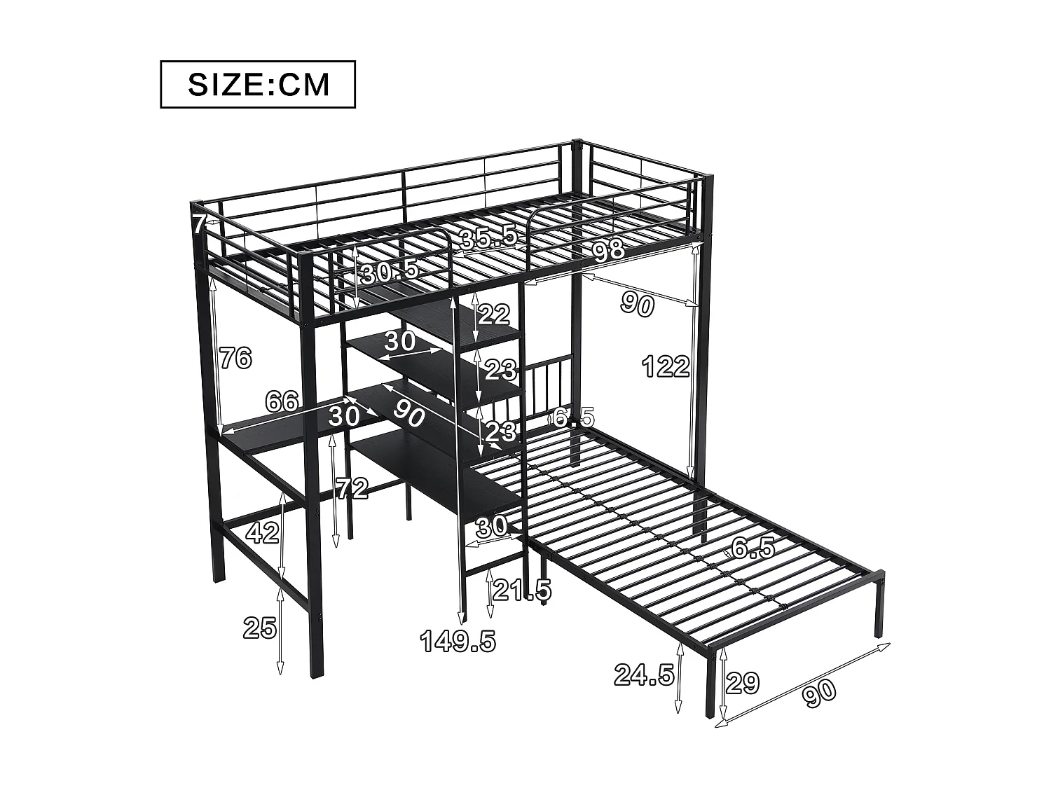 IJzeren stapelbed 90x200cm - met bureau en planken - Zwart