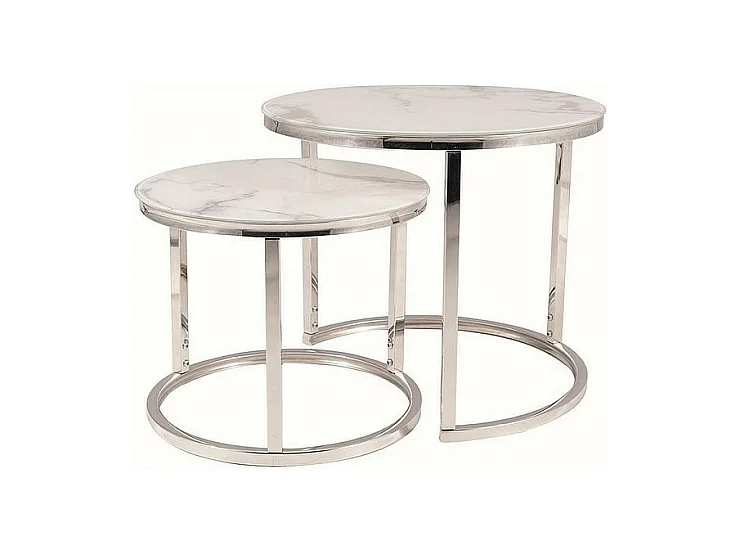 Set de 2 tables basses rondes effet marbre "Atlanta B II" - Blanc/Chrome - D 53 x H 45 cm
