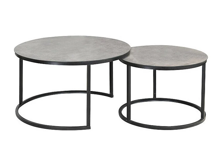 Lot de 2 tables gigognes ATLANTA rondes en métal et verre effet marbre - Gris / Noir - D 80 x H 45 cm.