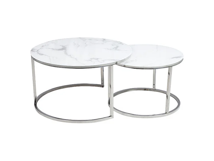 Lot de 2 tables gigognes ATLANTA rondes en métal et verre effet marbre - Blanc - D 80 x H 45 cm.
