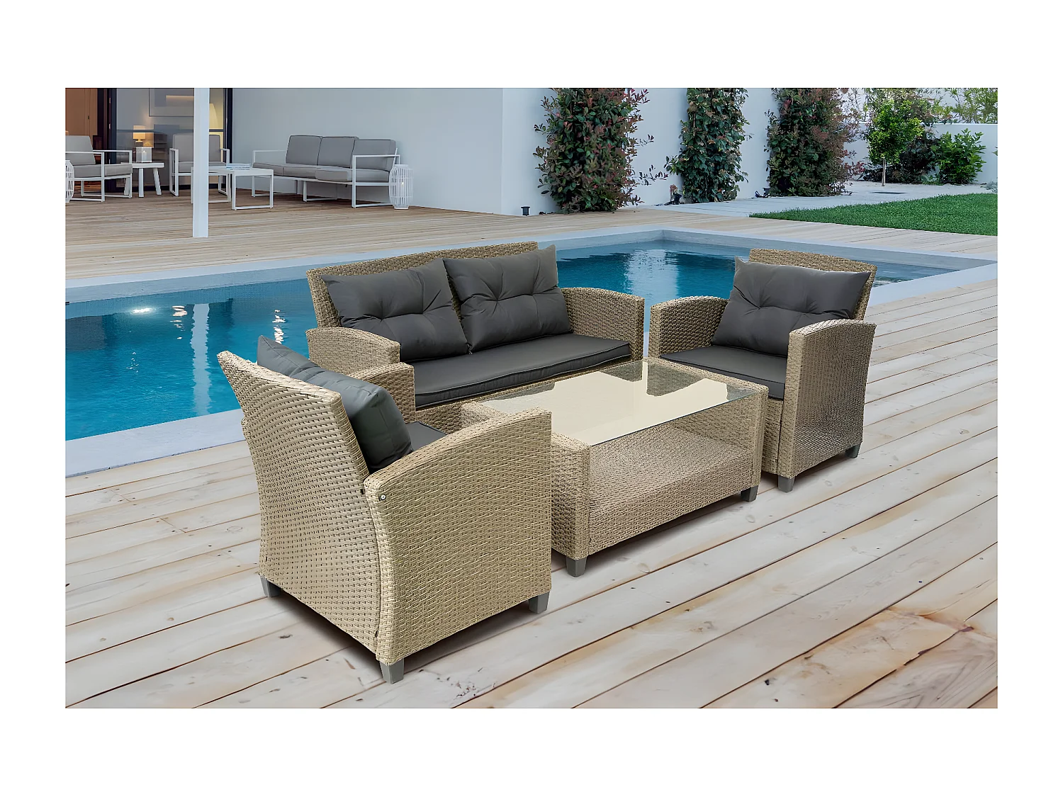 Salon de jardin bas 4 places en résine "Joe" - Beige/Gris