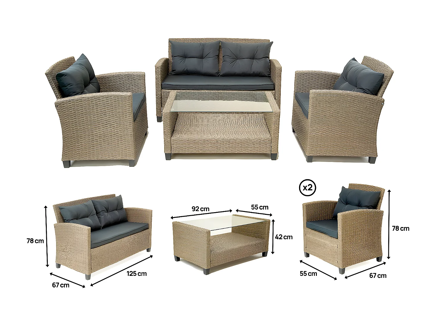 Salon de jardin bas 4 places en résine "Joe" - Beige/Gris