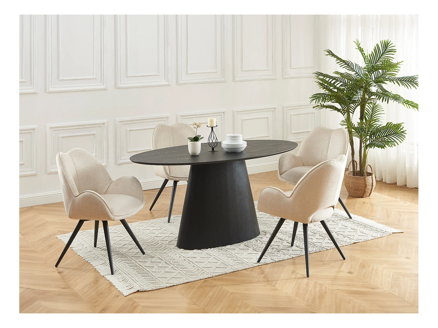 Lot de 6 chaises pivotantes avec accoudoirs en tissu et métal noir - Beige - GULSUN de Maison Céphy