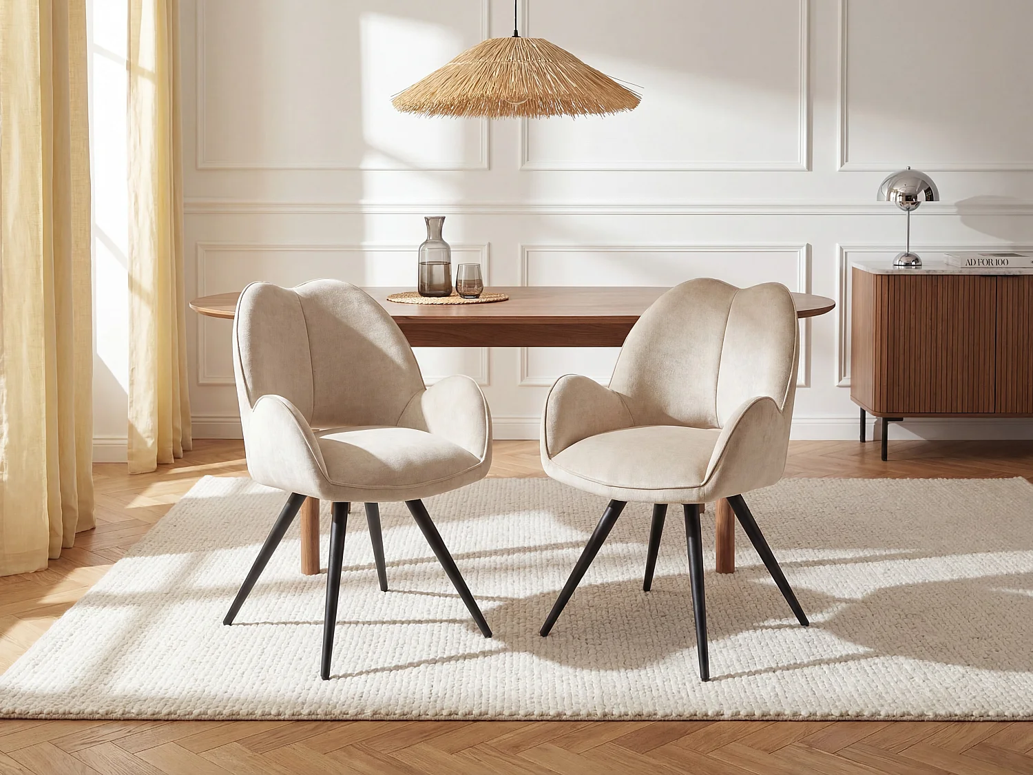 Lot de 6 chaises pivotantes avec accoudoirs en tissu et métal noir - Beige - GULSUN de Maison Céphy