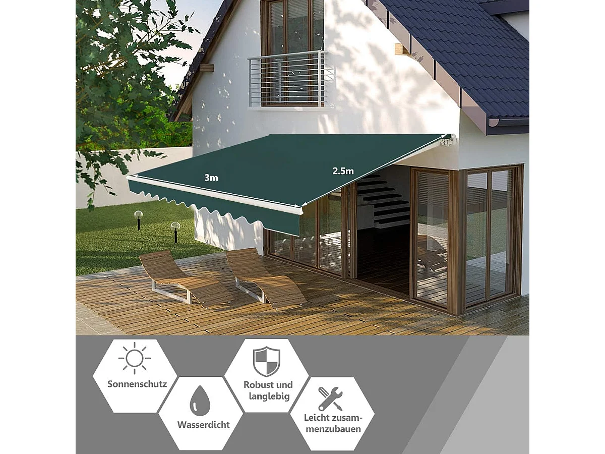 Tenda da sole retrattile 3 x 2,5m, Tenda in alluminio con manovella e poliestere impermeabile Verde