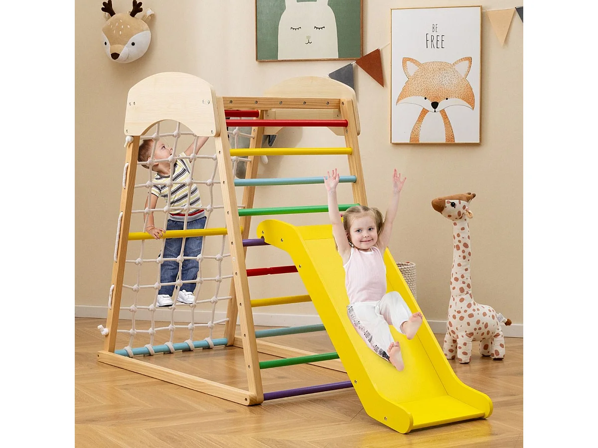 6 in 1 Pull Up Bar & Rutsche & Kletterfelsen & Kletternetz & Leiter & Tunnel Klettergerüst Bunt