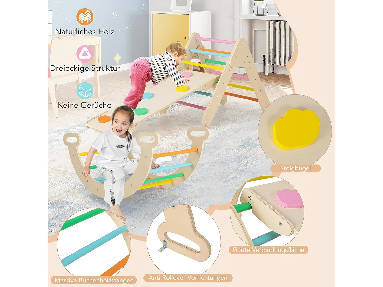 Drewniany Plac zabaw Trójkąt wspinaczkowy 3w1 kolorowy