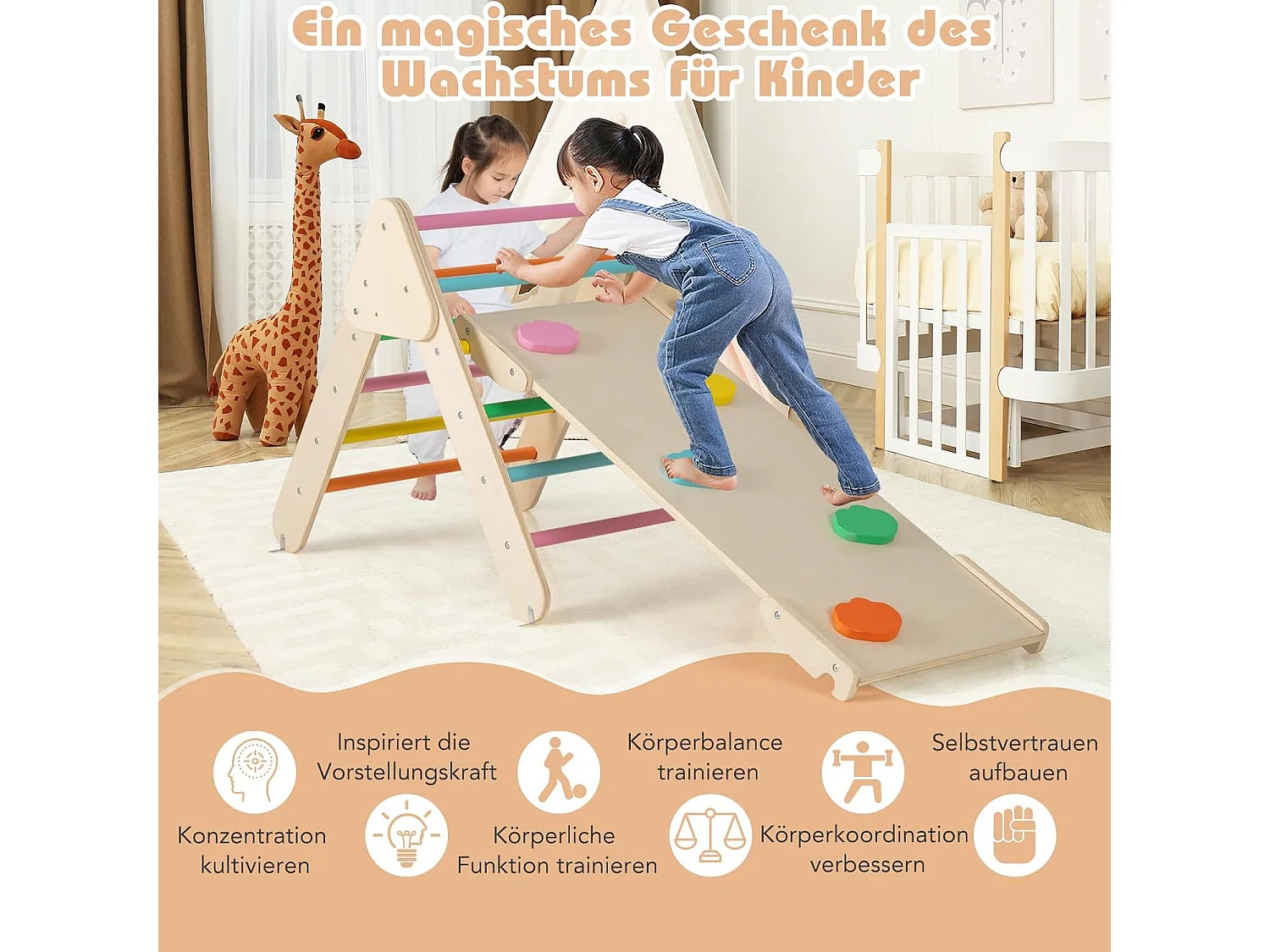 Drewniany Plac zabaw Trójkąt wspinaczkowy 3w1 kolorowy