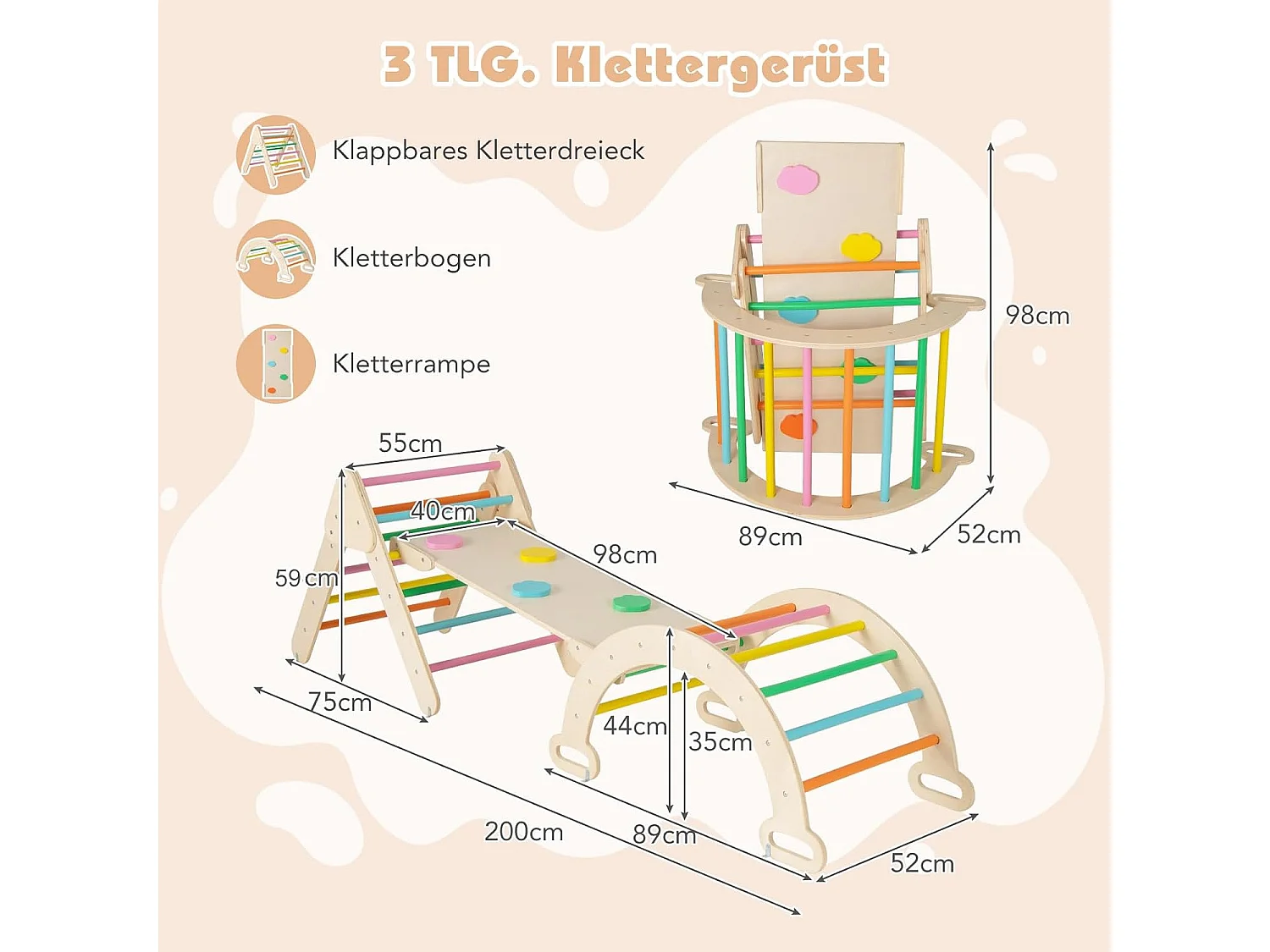 Drewniany Plac zabaw Trójkąt wspinaczkowy 3w1 kolorowy