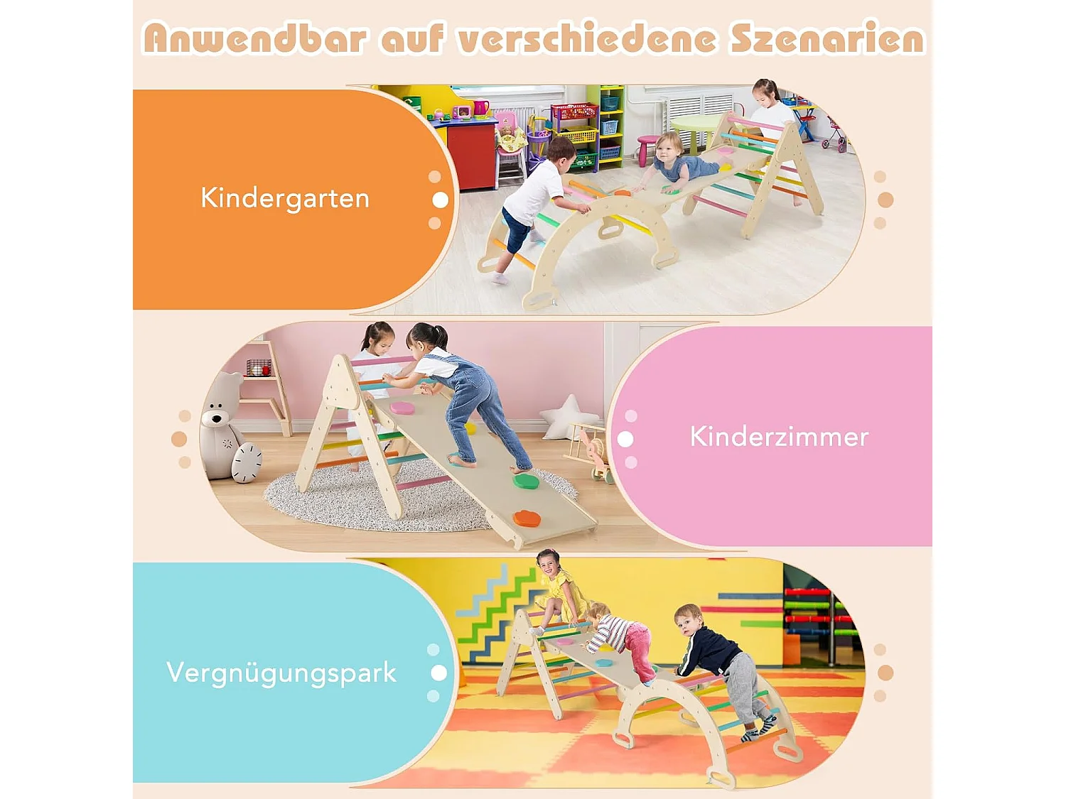 Drewniany Plac zabaw Trójkąt wspinaczkowy 3w1 kolorowy