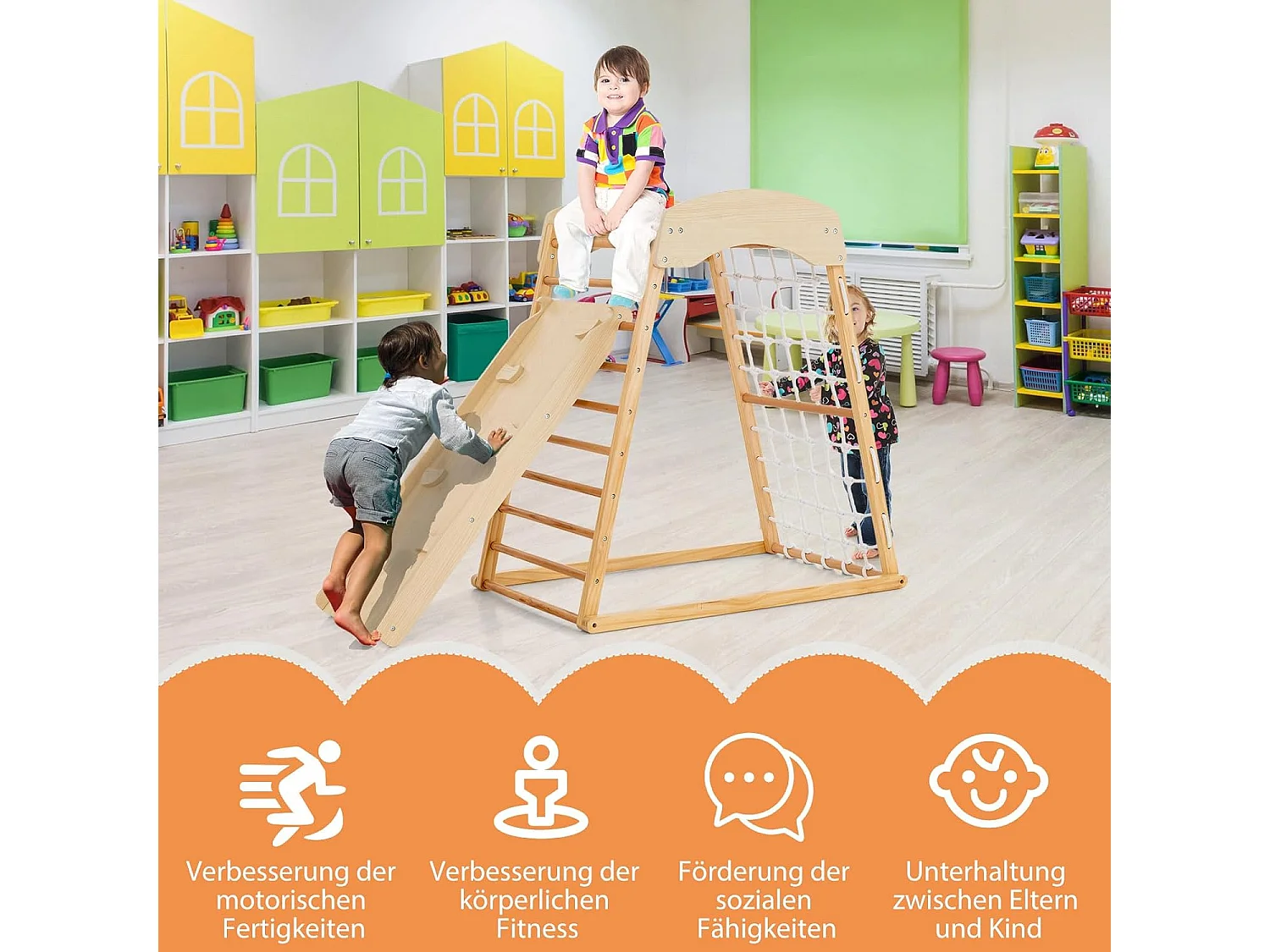 Klettergerüst Indoor 6 in 1 Pull Up Bar & Rutsche & Kletterfelsen & Kletternetz Natur