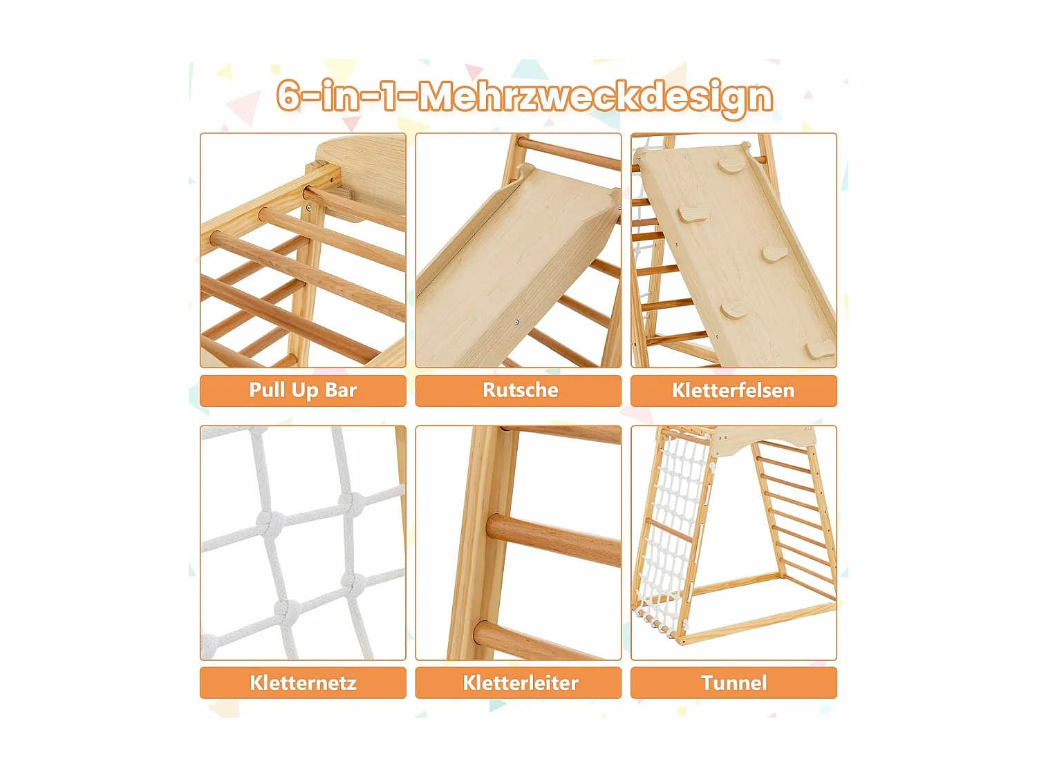 Klettergerüst Indoor 6 in 1 Pull Up Bar & Rutsche & Kletterfelsen & Kletternetz Natur