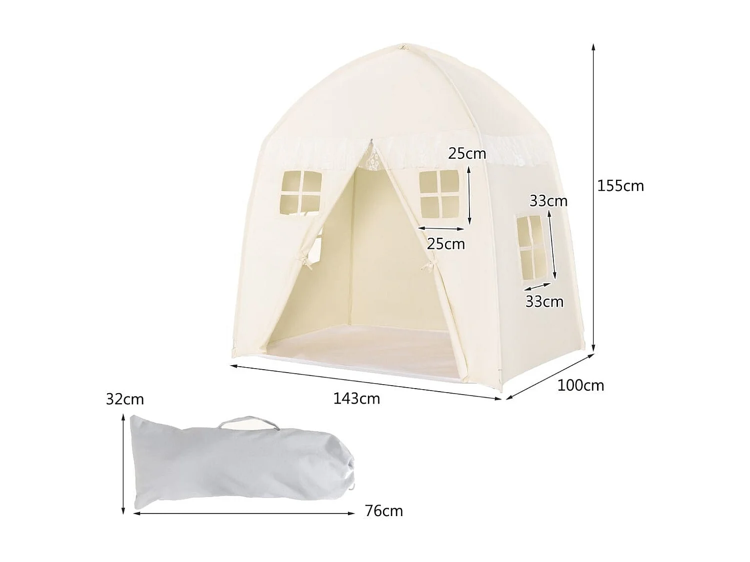 Kinderzelt Großes Prinzessinnenzelt mit Tragetasche Anti-Rutsch-Matte Reißverschluss Beige