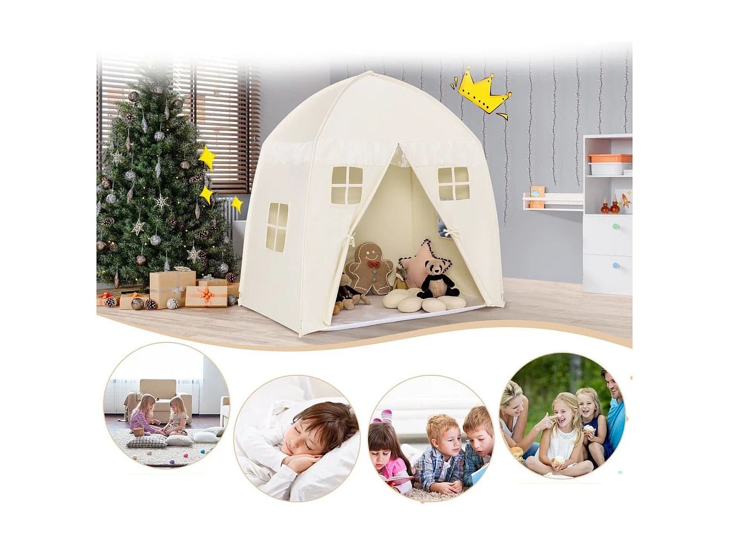 Kinderzelt Großes Prinzessinnenzelt mit Tragetasche Anti-Rutsch-Matte Reißverschluss Beige