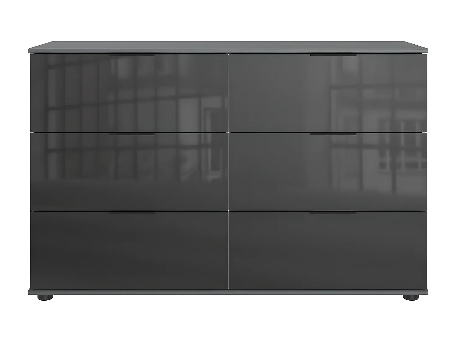 Commode, meuble de rangement à 6 tiroirs coloris graphite, verre noir  - L. 130 x H. 83 x P. 41 cm