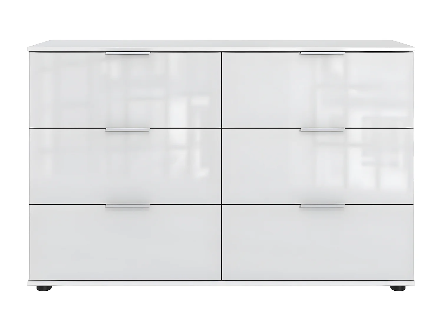 Commode, meuble de rangement à 6 tiroirs coloris blanc, verre blanc  - L. 130 x H. 83 x P. 41  cm 