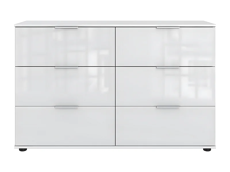 Commode, meuble de rangement à 6 tiroirs coloris blanc, verre blanc  - L. 130 x H. 83 x P. 41  cm 
