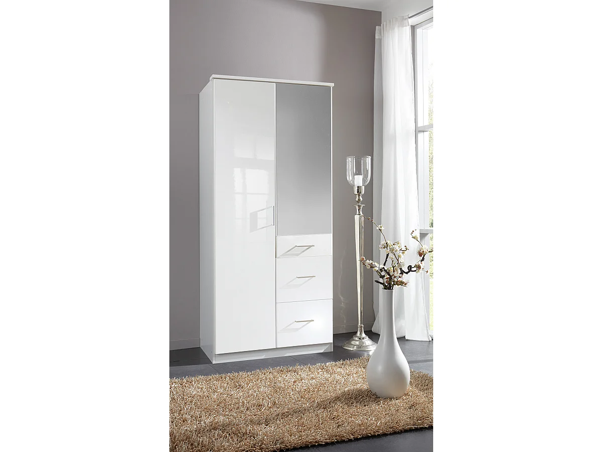 Armoire Placard, meuble de rangement avec miroir coloris blanc cassé, blanc