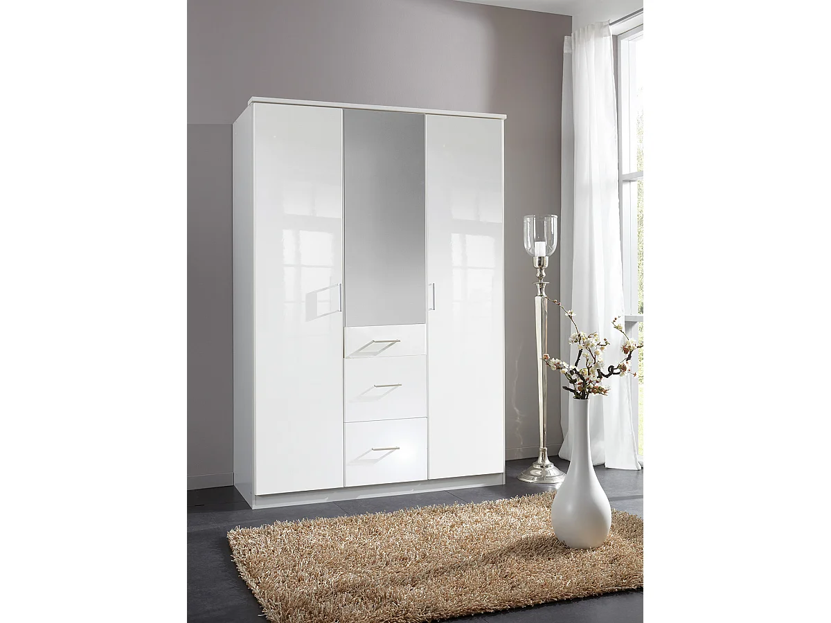 Armoire Placard, meuble de rangement avec miroir coloris blanc cassé, blanc