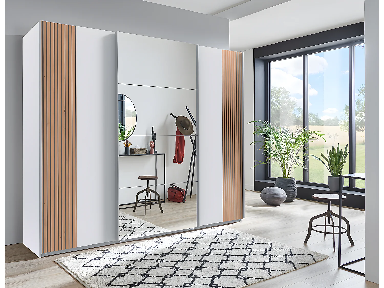 Armoire Placard avec portes coulissantes coloris blanc, rechampis imitation chêne Artisan