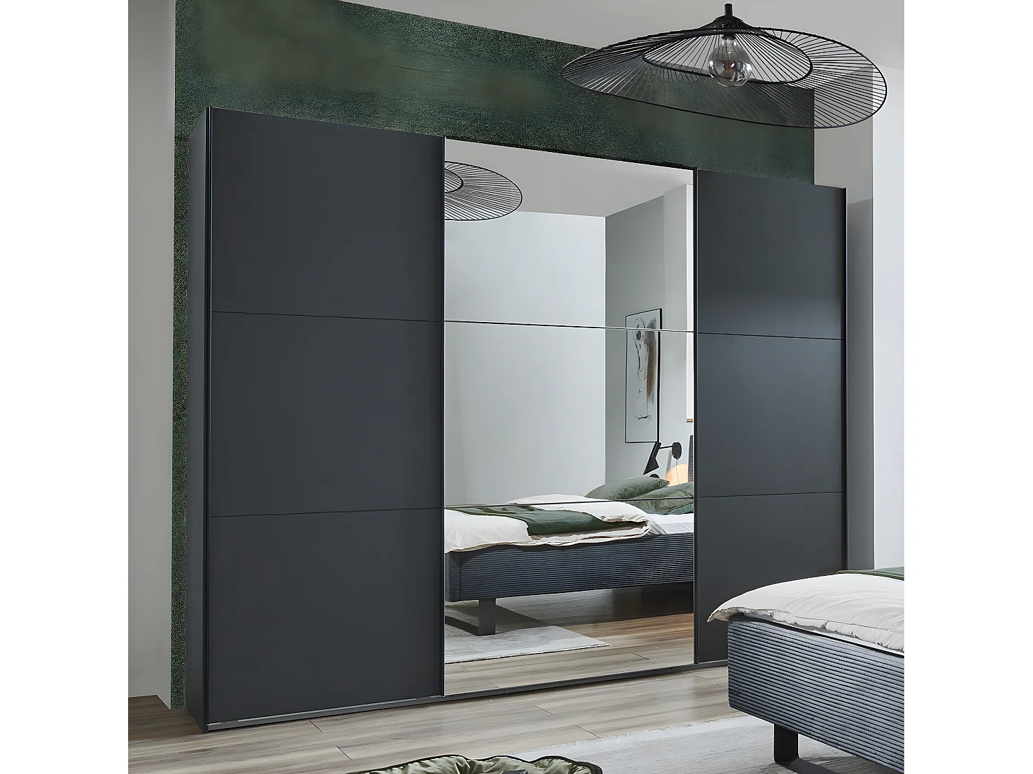 Armoire à portes coulissantes, meuble de rangement avec miroir coloris graphite